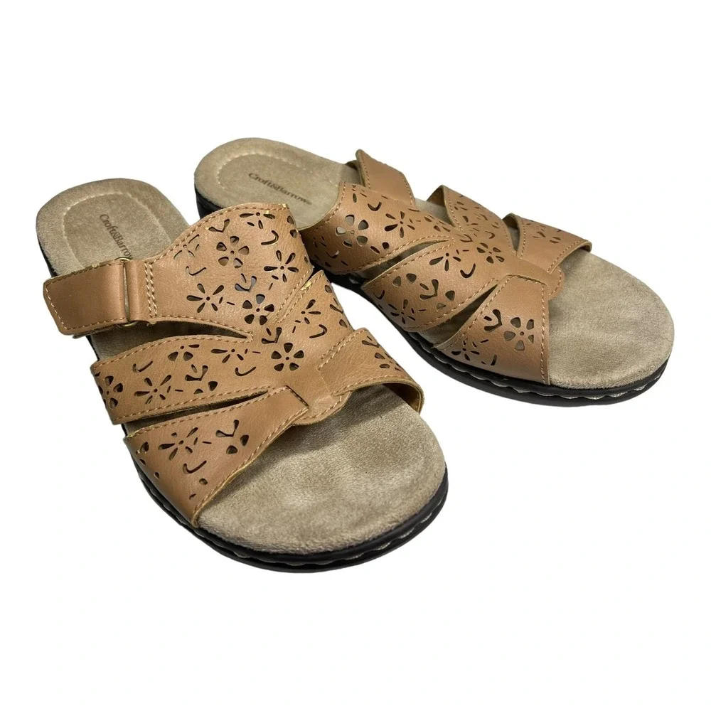 Croft & Barrow 7 Tan Slide Sandals Floral Laser Cut Comfort Boho Cottagecore